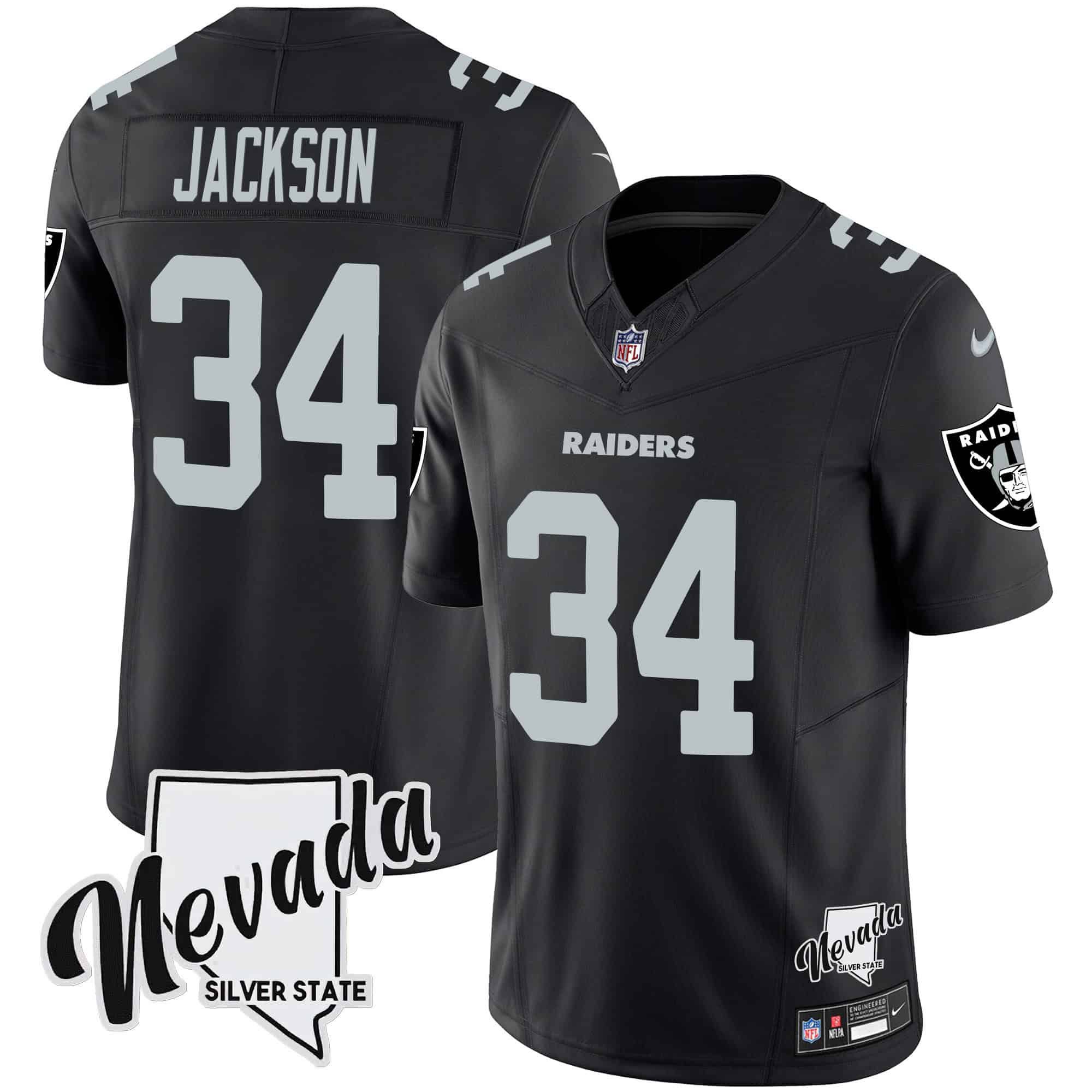 Men Oakland Raiders #34 Jackson Black 2024 Nike Nevada Silver State Patch Vapor NFL Jersey style 1